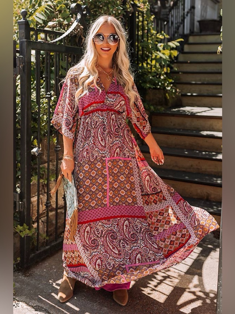 Entro Boho Patchwork V-Neck Maxi Dress